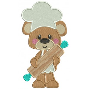 Bear Cook Holding a Rolling Pin Filled Machine Embroidery Design Digitized Pattern